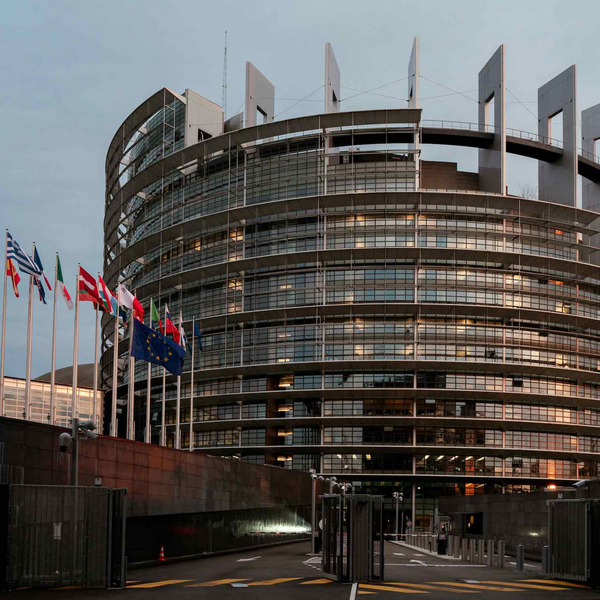 Das Bild zeigt das Gebäude des Europäischen Parlaments in Straßburg, Frankreich. Das Gebäude ist modern gestaltet, mit einer geschwungenen Glasfassade und auffälligen vertikalen Strukturen auf dem Dach. Vor dem Gebäude wehen zahlreiche Flaggen der Mitgliedsstaaten der Europäischen Union, sowie die EU-Flagge. Der Himmel ist leicht bewölkt und es scheint später Nachmittag oder früher Abend zu sein, da die Innenbeleuchtung im Gebäude sichtbar ist.