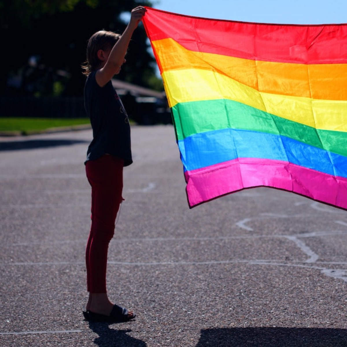 Zwei Personen halten eine Prideflagge hoch.